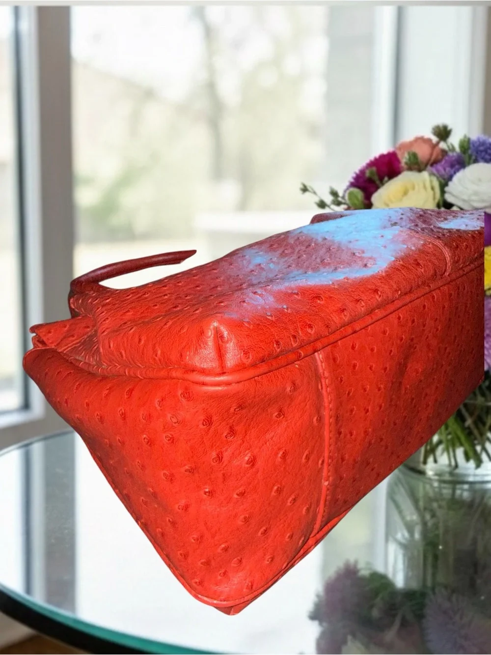 Bueno Red Ostrich Embossed Satchel Handbag with Scarf Accent